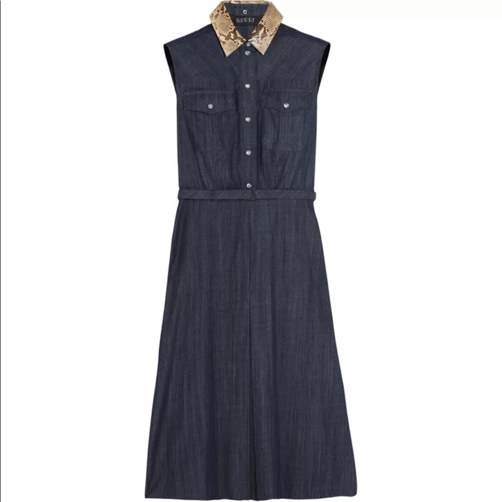 Gucci Denim Tan Python Collar Belted Dress